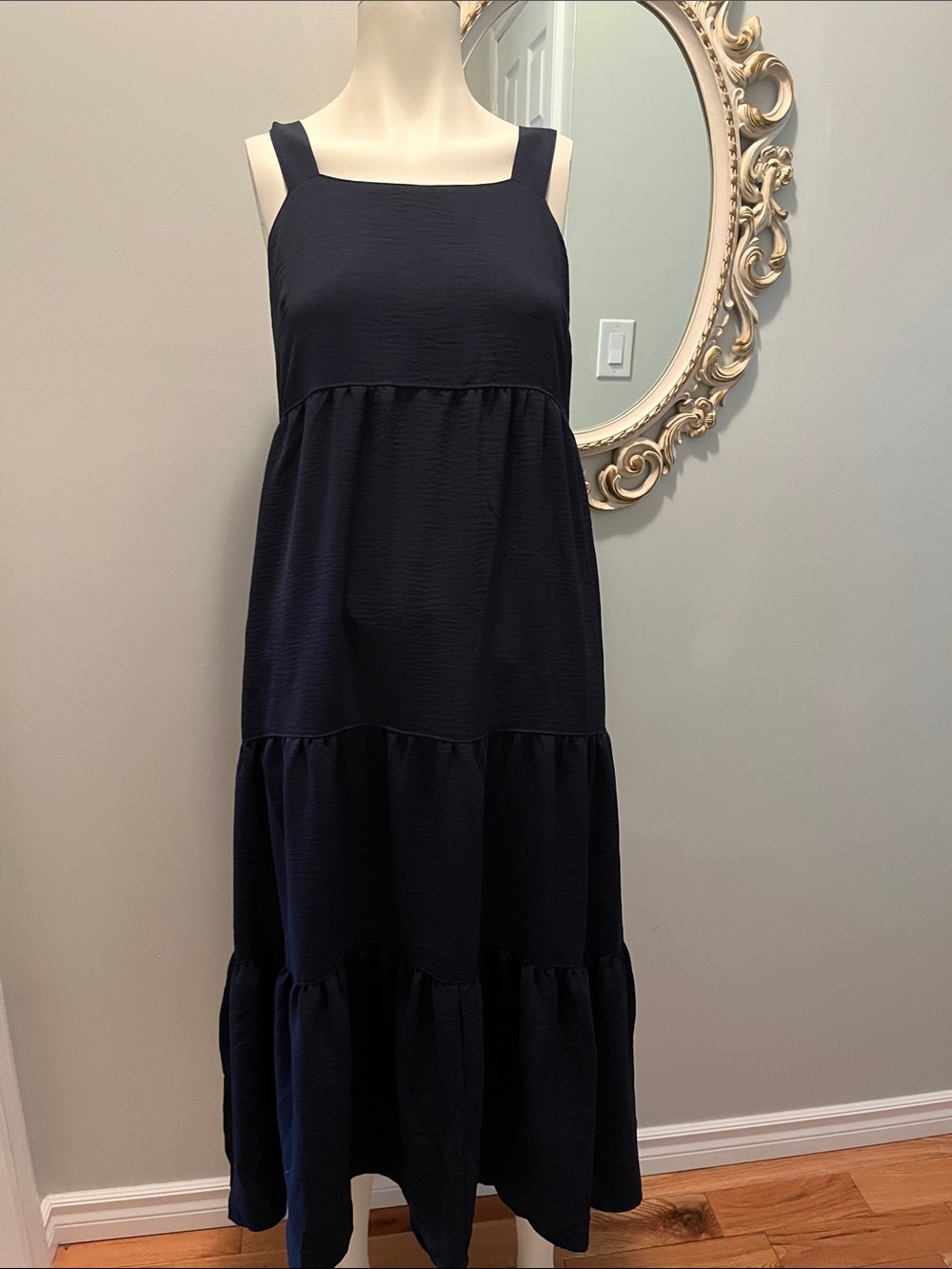 Classic Navy Square-Neck Tiered Maxi Dress